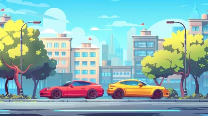 Foto auf Acrylglas Modern cartoon illustration of modern cars parked on city streets with road markings. Cityscape background with vehicles and buildings in an urban environment. © Mark