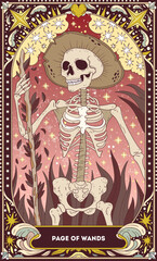 A tarot card in bohemian tones in a modern style in the form of a skeleton. Modern illustration of Page of Wands card, minimalistic cartoon skeleton, simple vector drawing