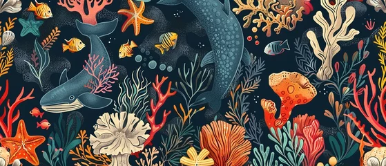 Poster Wildlife from the ocean pictorial with a vivid, seamless motif over a somber backdrop lovely marine animals depicted and space, Generative AI. © Our Scrapbook