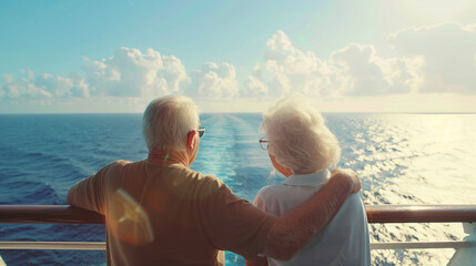 A senior couple is seen enjoying their time on a cruise ship, standing on the deck with a beautiful...