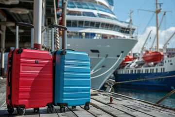 Luggage suitcases near cruise liner. Standing in port waiting to be loaded