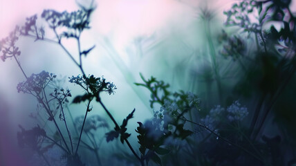 Lavender flowers in the fog