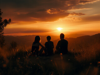 Silhouettes of happy parents having good time with their child on mountain meadow at sunset, AI generated image. Morning serenade: Family silhouettes enjoy sunrise, seated in peace