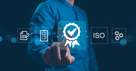 Quality control Businessman touch on virtual correct sign or tick mark with document icon for approve quality assurance and guarantee concept, online approve paperless and quality assurance concept.