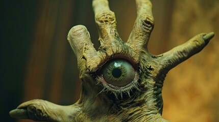 Demona  s hand, eyeballs at fingertips, yellow hue, Documentary look, side view, detailed