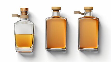 The bottle and shot glass side and top views are shown here. An empty flask for alcoholic drinks isolated on a transparent and white background is also shown.