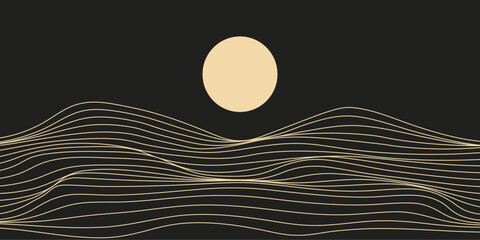 Abstract art mountain landscape with glowing lines waves pattern (mountain, desert, sand dune) and a full moon isolated on dark background. Vector illustration