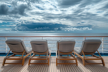 Luxury Cruise Ship Deck with Lounge Chairs and Ocean Horizon. Vacation travel concept.