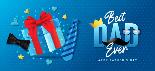 Best Dad Ever, Happy Fathers Day concept with gift box. I love you DAD promotion poster with hearts on blue background. Vector illustration - obrazy, fototapety, plakaty