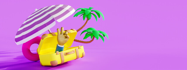 Perfect summer vacation. Yellow luggage with beach accessories on purple background with copy space. 3D Rendering, 3D Illustration - 781350099