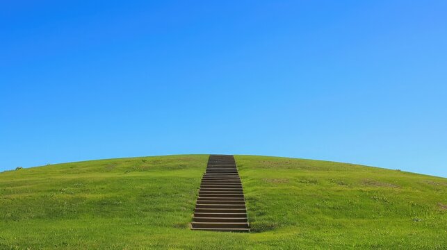 A large flight of steps climb this grassy hill with bright blue sky,Stairway covered with green grass, Long wood stairs to top of grass-covered earth-deposit
Wooden stairs to the top of the hill with
