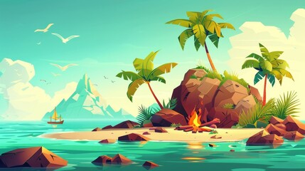 There are palm trees, rocks, and sand beaches with bonfire with a lost island in the ocean with an alone castaway asking for help. Modern cartoon ocean landscape with palm and rock trees, rocks, and