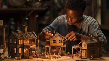 In a rustic village setting, a black boy enthusiastically crafting a toy house out of recycled materials.