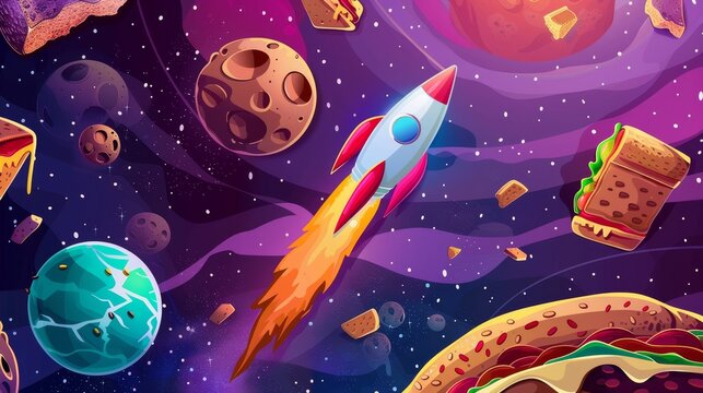 Game level map with pizza, chocolate, burger and bread textures in a funny universe with alien planets.