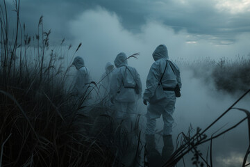a group of people or scientists in a chemical protective suit with a protective mask on their face in a pollution zone, an ecological urban disaster