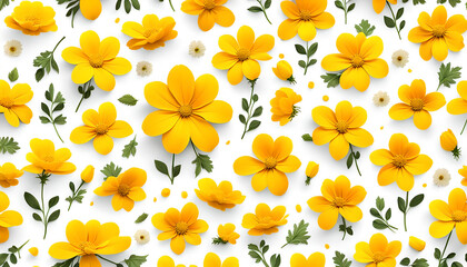 gleichmäßiges Muster aus hellen Blumen Blüten in weiß gelb auf weißem Hintergrund als Vorlage für Gestaltung von Geschenk Papier, Wänden, Produkten, Verpackungen zum Frühling frisch Sommer floral 