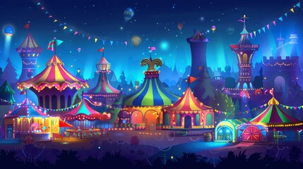 An illuminated circus and amusement park in the dark is the backdrop to this phone background theme with carnival funfair at night. - obrazy, fototapety, plakaty
