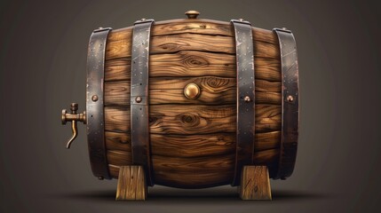 An oak barrel for wine, beer, or whiskey, with metal rings, a stopper, and a tap, an empty keg for rum or cognac, all separated on a transparent background, realistic modern clipart.