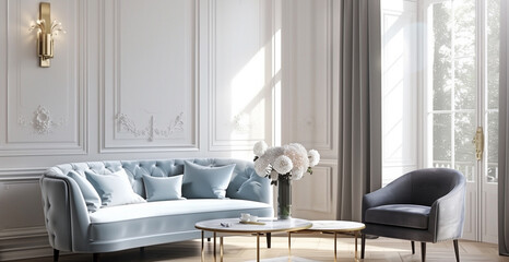A French style living room in a haussmann buidling  style with white panelled walls, grey sofa and blue armchair, wall painting of peonies, gold lighting sconces on the side table