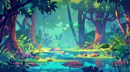 Wild jungle, rain forest with river or swamp, bog grass and rocks. Modern cartoon illustration of a swampy swamp in tropical forest.