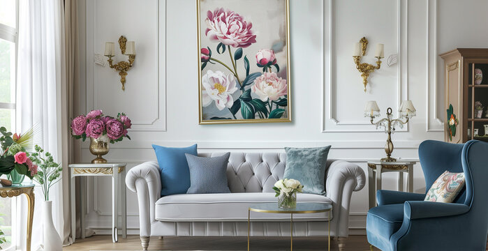 A French style living room in a haussmann buidling  style with white panelled walls, grey sofa and blue armchair, wall painting of peonies, gold lighting sconces on the side table
