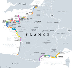 Coasts and beaches of France, political map. Commonly used and popular names of most important stretches in tourism, shown in different colors. Map with regions of France and most important cities.