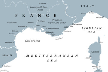 Southern France coastline, gray political map. Southernmost part of France, bordering the Mediterranean Sea. Map with part of Occitania, Provence, French Riviera, Corsica, and most important cities. - 781351286