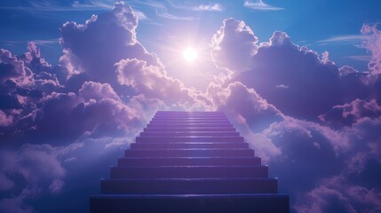 Blue sky with sun and beautiful clouds. Stairs in sky, the road to heaven. Purple toning , Abstract white spiral staircases Design concept