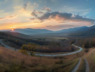 Fototapeta premium Panoramic landscape, the road in the middle that runs up and down