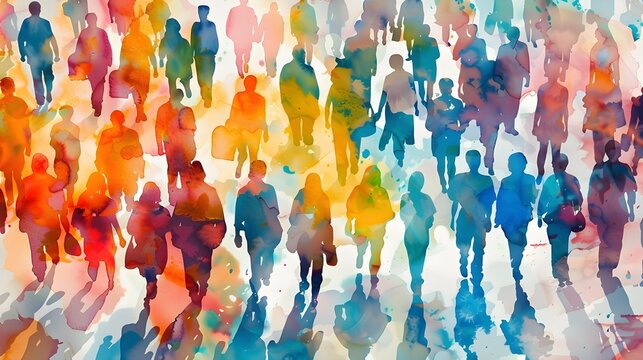 abstract crowd of people silhouette walking colorful watercolor illustration