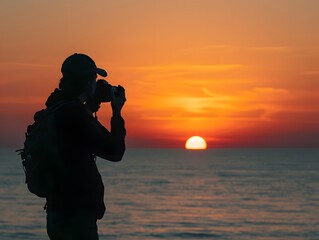 Siloutte of a male photographer with a sunset and sea on background