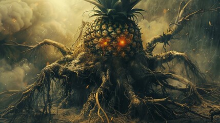 Portrait of a demon, pineapple head, red eye, legs spread like roots, haunting ambiance - obrazy, fototapety, plakaty