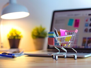 A mini shopping cart filled with stationery items sits on a busy work desk, symbolizing office supply shopping or creative brainstorming.