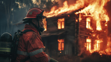Obraz na płótnie Canvas serious male firefighter in uniform and helmet extinguishes a burning house from a hose, professional, rescuer, disaster, fire, danger, man, flame, fireman, smoke, people, night, dark, person