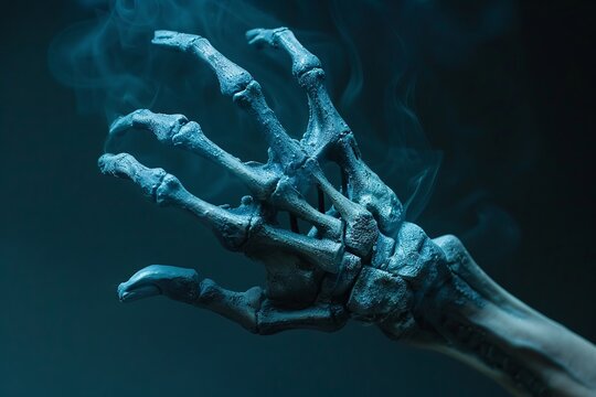 Surreal skeleton hand, hands as fingertips, twilight blue, Editorial style, otherworldly anatomy