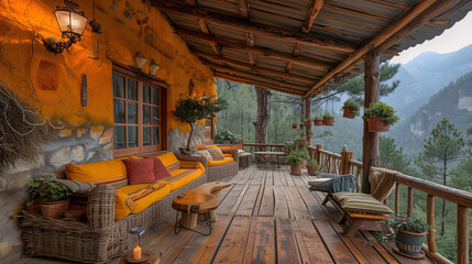 Fototapeta premium Cozy mountain cabin porch at dusk, with warm lighting, comfortable seating, and lush forest in the background, inviting relaxation in a rustic setting.