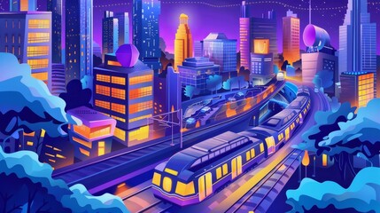 Modern purple landing page with skyscrapers, subway trains, and taxis in an isometric futuristic city, innovation in urban infrastructure. - obrazy, fototapety, plakaty