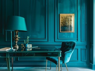 Emerald walls and furniture. A Workspace Awash in Deep Dark Green