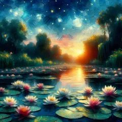 Foto op Canvas Painting of a tranquil lake filled with water lilies. The night sky above is ablaze with stars © DRX