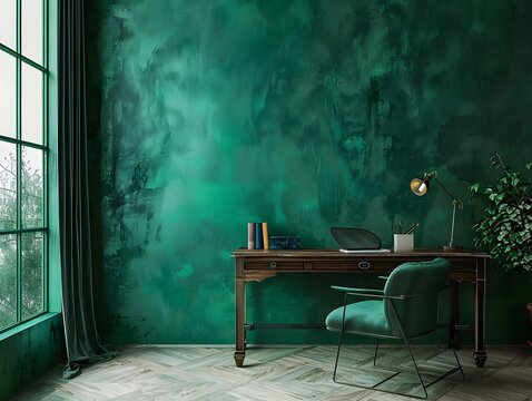 Emerald walls and furniture. A Workspace Awash in Deep Dark Green