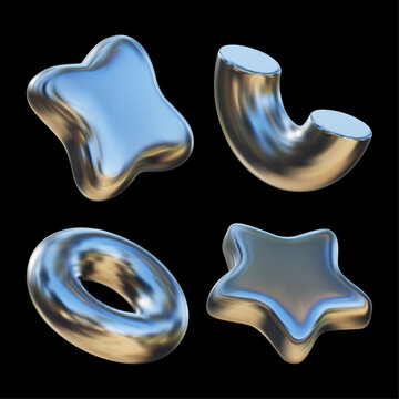 3D chrome geometric shapes. Futuristic chrome liquid shapes of semicircular pipe, star, donut, quadrangle with gradient reflection. 3D vector art in Y2K style.