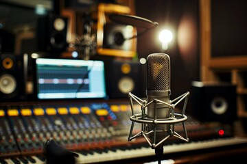 Close-up of a high-end studio microphone with sound mixing console and monitors in a professional recording studio