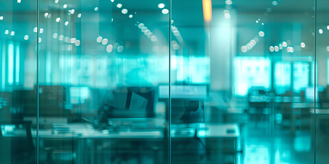 glass window in office with many computers and an open office space, 21st century, blur effect