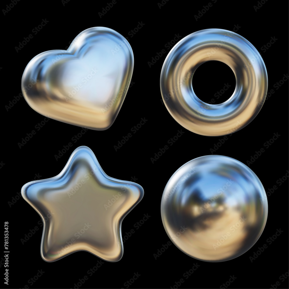 Poster 3d chrome geometric shapes. futuristic chrome liquid shapes of ball, star, heart with gradient refle