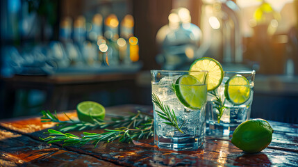 Gin Tonic Cocktail, umgeben von verstreutenWacholder auf dem Tisch. Das Getränk befindet sich in einem eleganten Glas und hat eine satte Farbe.
