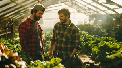 Farmers in the plastic greenhouse between the plants