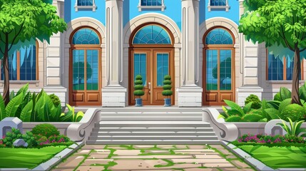 An educational institution facade exterior with a wooden door, stone stairs, glass windows, green plants and lawn in the front yard, Cartoon modern illustration of an educational institution.