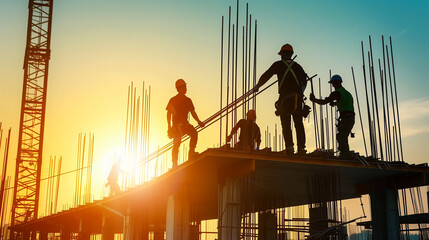 construction workers looking at machines in the sunrise