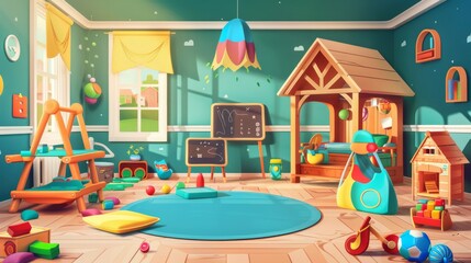 Imaginative kids playroom interior with montessori wooden toys, furniture and equipment for games, wooden house, blackboard and desk for children. Cartoon modern illustration.