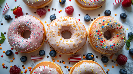 Assorted glazed donuts surrounded by fresh raspberries and blueberries on a white background.